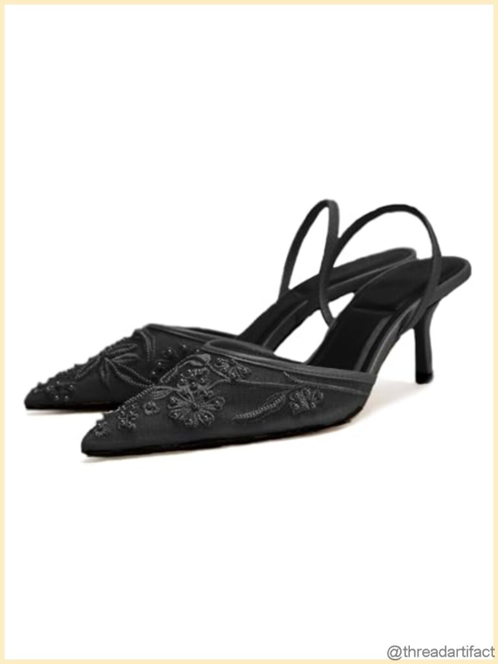 Mesh Embroidered Slingback Kitten Heels Bead Elegant Backless Pointed Toe
